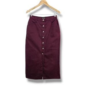 Vintage Midi Pencil Skirt 8 Red Denim Button Front 100% Cotton 90s Western Boho